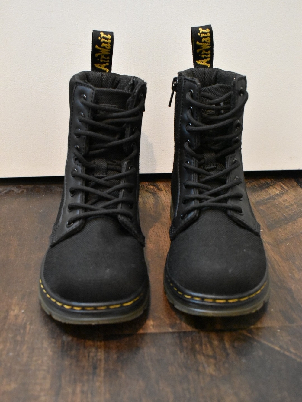 Dr. Martens Kids Black Canvas Lace-Up Boots with Yellow Stitching